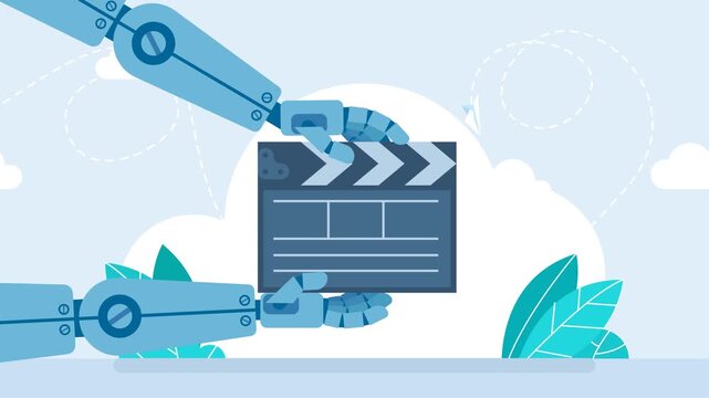 A robot working on video editing clapperboard. Robot hands holding black clapper board. AI video creation concept. Represents modern technology's influence on creative media. 2d flat animation. Video