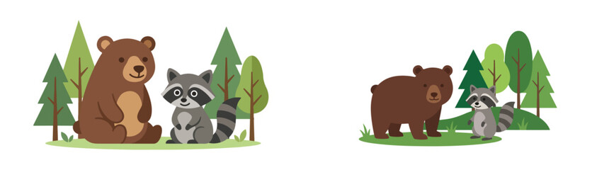 Fototapeta premium Cute Forest Animal Characters of a Brown Bear and a Raccoon Standing Together in a Green Woodland Landscape for Nursery Wall Art Design