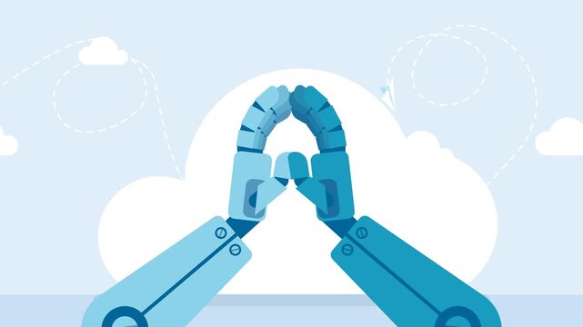 Cooperation of one robot with another. Making high five sign, clapping. Working together with Artificial Intelligence, AI help or support coworker, assistance, partnership concept. 2d flat animation