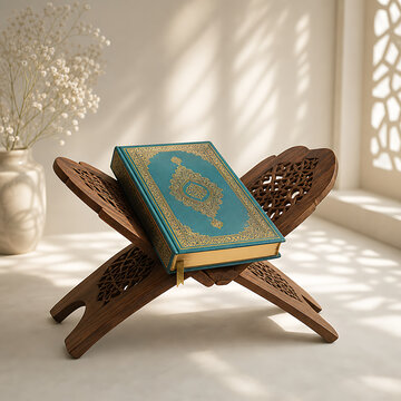 Holy Quran on wooden book stand with sunlight shadows for Ramadan and Islamic education
