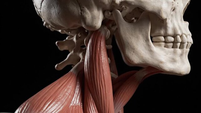 Detailed anatomical model of a skull with visible muscles.