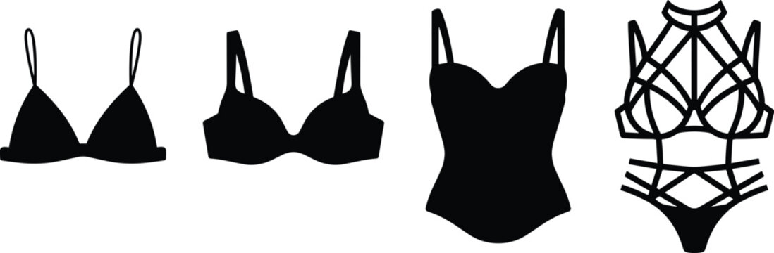 Women Intimate Lingerie and Brassiere Style Icon Set for E-commerce Retail Web Stores, Fashion Apparel Catalogs, Undergarment Guides, and Modern Bodysuit Design Layouts