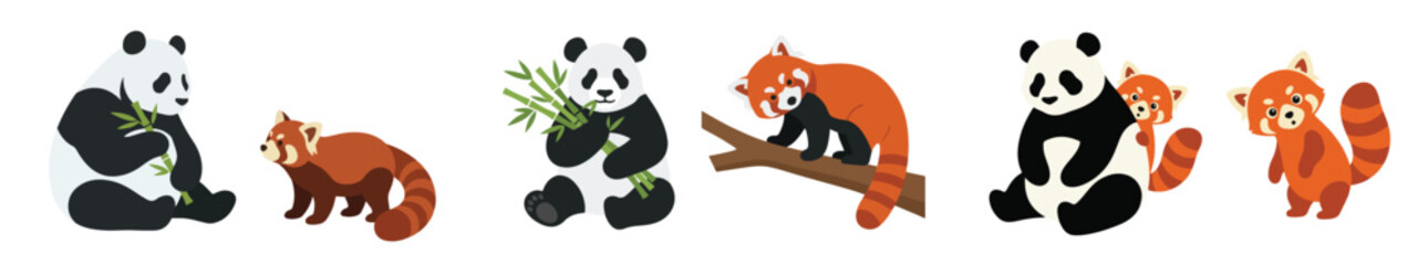 Cute panda and red panda characters in various playful poses, enjoying bamboo and climbing trees © Haris Lost