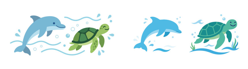 Fototapeta premium Playful Dolphin and Sea Turtle Vector Illustration Set Featuring Aquatic Marine Wildlife Swimming in the Ocean