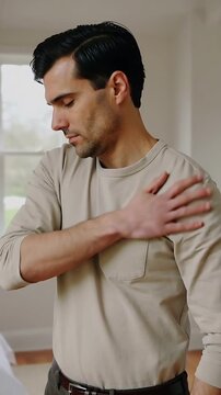 Vertical video: Rubbing man in beige shirt soothing left shoulder pain in bedroom by sunlit window