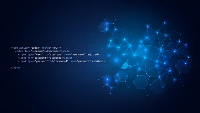 Web development and cybersecurity concept showing html login form code on the left and a glowing blue network node structure on the right