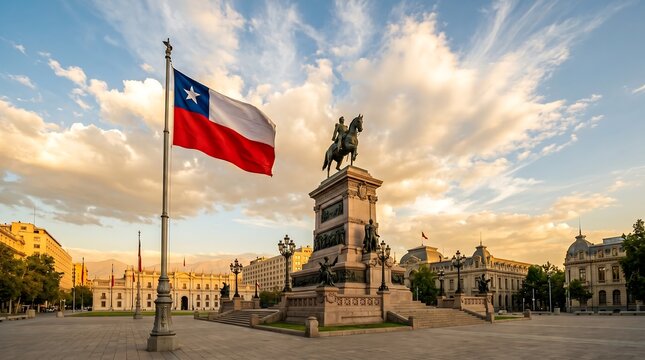 Chilean flag waving near equestrian statue in Plaza Baquedano under golden sunset sky in Santiago