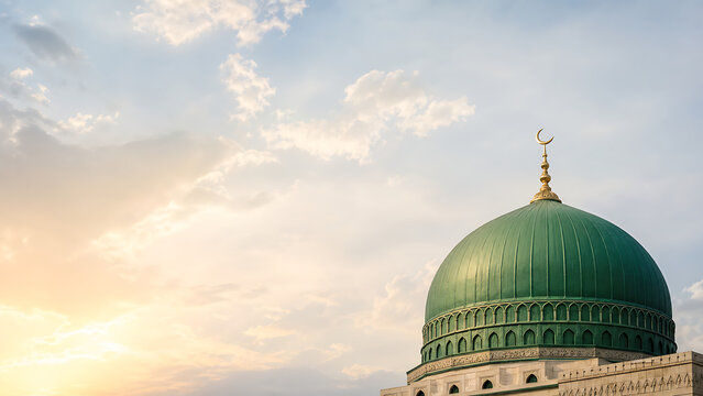 Green dome holy mosque with tall minaret at soft sunset for serene backgrounds