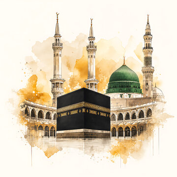 Watercolor artwork of sacred black shrine with minarets for spiritual illustration