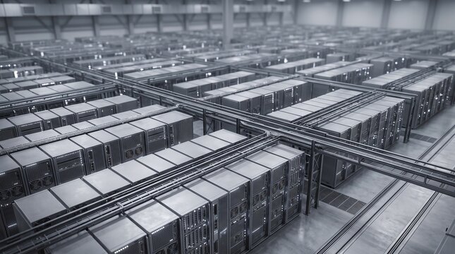 High angle isometric edge AI computing modular datacenter nodes 3D illustration with copy space
