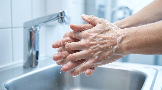 Close up of hands washing with soap and water under a modern chrome faucet in a sterile hospital or clinical environment for infection control