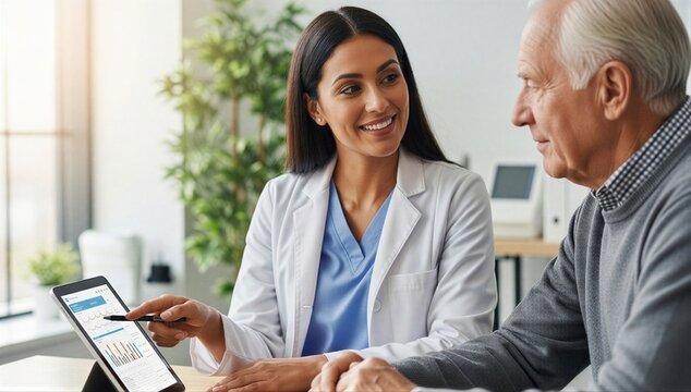 Nurse practitioner reviews patient health data on tablet during consultation, showing attentive care, diagnosis, and trusted healthcare communication.
