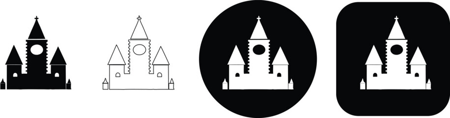 Four of a tall castle tower with side turrets and a central clock face in solid, outline, and button style variations © SilhouetteStore