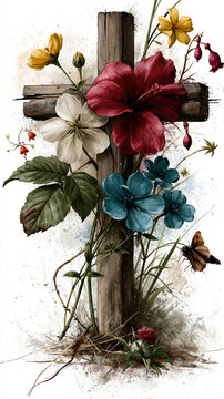 Rustic Floral Wooden Cross AI Generative