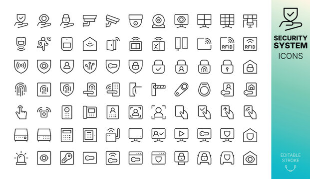 Surveillance and Security Icons Set: Line Vector Symbols for Smart Home Protection, Biometric Access, Fingerprint Scanner, Lock, Key, Digital Shield, RFID, Alarm System with Editable Stroke