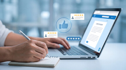 Fototapeta premium Customer feedback and online review concept with person taking notes while using laptop for business
