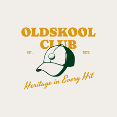 Fototapeta premium Flat style vector illustration of a vintage-inspired logo featuring a baseball cap, text, and a retro aesthetic for club branding or merchandise.