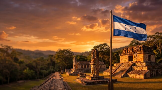 Honduras national flag waving over ancient Copan Mayan ruins and stone statues during golden hour sunset