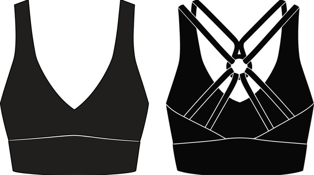 Women Athleisure Sports Bra Front and Back View Vector Technical Sketch for Fashion Apparel Design, Activewear Production, and Fitness Garment Flat Templates