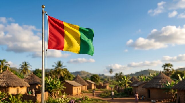 Landscape shot of Guinea flag waving over traditional African village with thatched mud huts