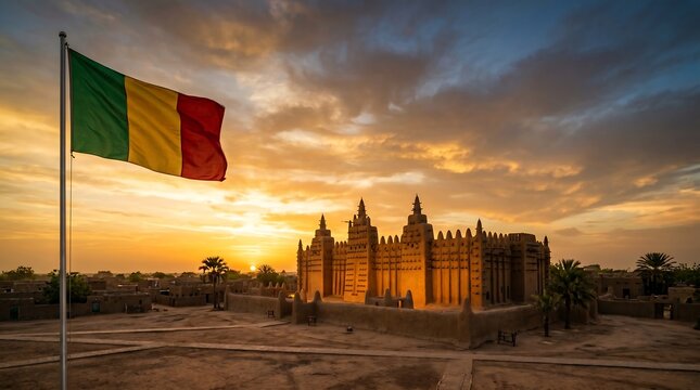 Mali flag waving before the Great Mosque of Djenne during golden hour sunset with warm sky tones