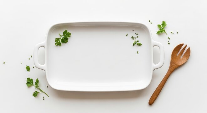 Empty white baking dish with herbs.