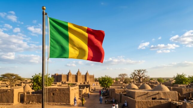 Mali national flag waving over traditional mud brick architecture village under blue sky with clouds