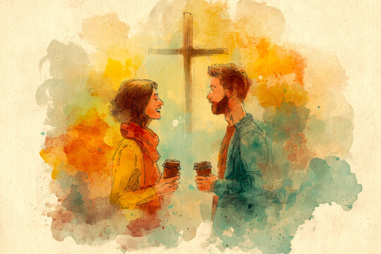 Christian Faith and Friendship &ndash; Young People Talking Near Cross.&ndash; Generative AI &ndash; no real persons
