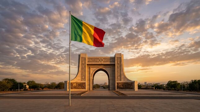 Malian flag waving near Independence Monument arch in Bamako during golden hour with dramatic sky