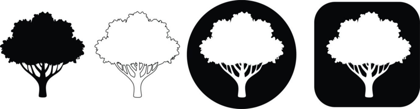 Four of a broadleaf tree featuring black silhouette, outline, and white symbols on circular and square backgrounds