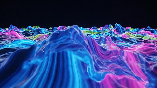A vibrant, abstract landscape with colorful waves and surreal patterns.