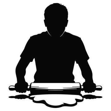 Silhouette person using rolling pin to flatten dough for baking preparation vector illustration.