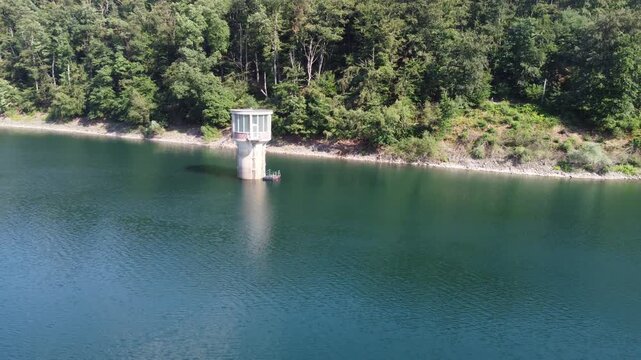 Aerial View of Wahnbach Dam with lighthouse in North Rhine-Westphalia, Germany