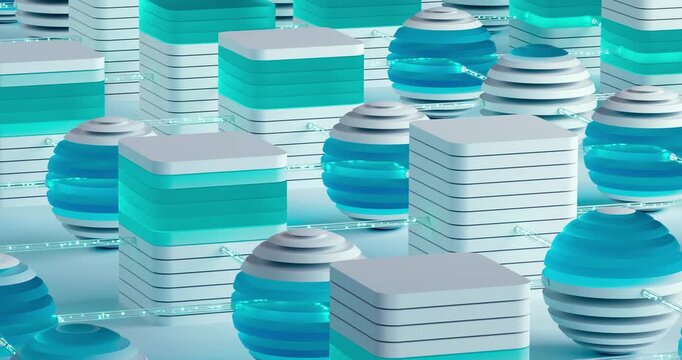 Abstract 3D animation of white cubes and grooved spheres arranged in a connected grid over a teal liquid surface.