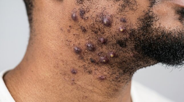 Severe cystic acne and keloid scars on male jawline and neck