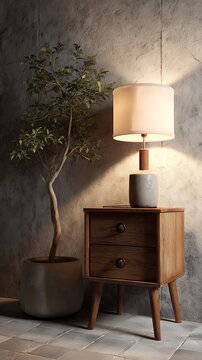 A cozy bedside table with a glowing lamp and potted plant