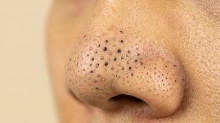 Naklejka premium Close up macro of severe blackheads and clogged pores on nose