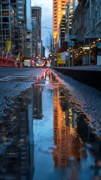 City buildings reflect vibrant lights in a street puddle at dusk