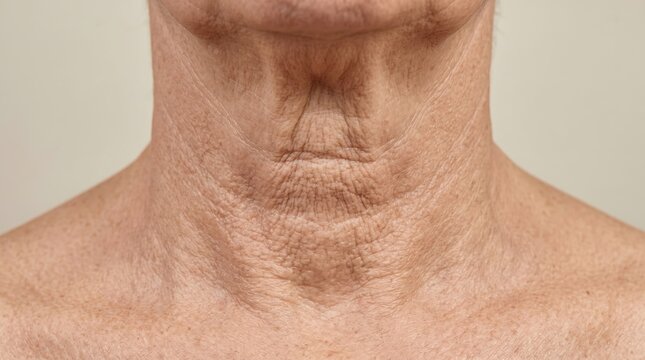 Deep wrinkles and sagging skin on neck of senior female