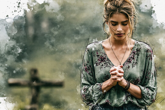 Young Woman Praying in Nature Watercolor Art AI Generative