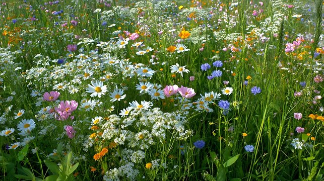 Colorful wildflowers bloom abundantly in a sunlit vibrant summer meadow