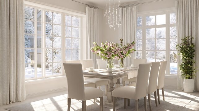 Cozy white dining room overlooking a beautiful snowy winter landscape