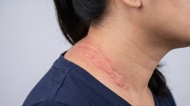 Close up of raised red hives and urticaria rash on female neck