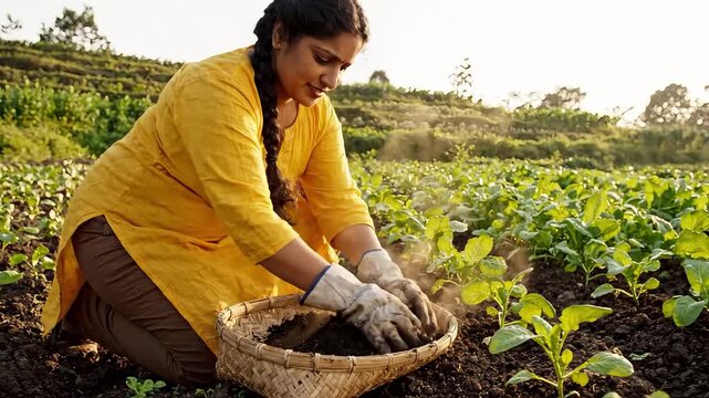A woman tending to soil in a sunlit vegetable garden.