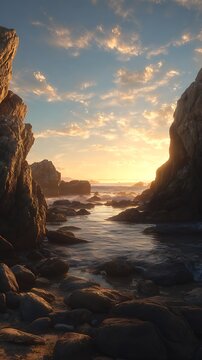Dramatic sunset illuminates ocean waves crashing between rugged rocky cliffs