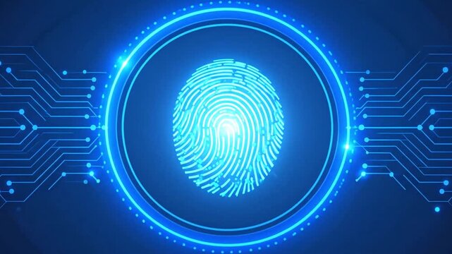 Bright digital fingerprint in glowing circle, abstract circuit board security background, advanced biometric technology.