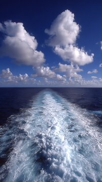 Foamy ships wake trails across vast deep blue ocean