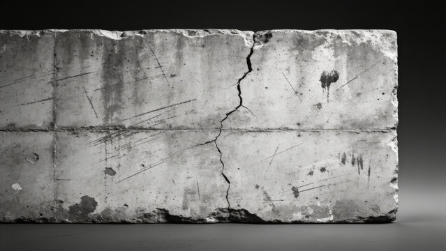 Weathered concrete block shows deep cracks and stains