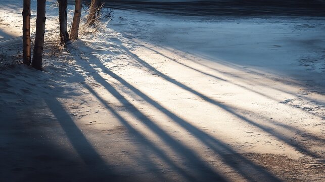 Golden sunlight creates long shadows on a pristine snowy path