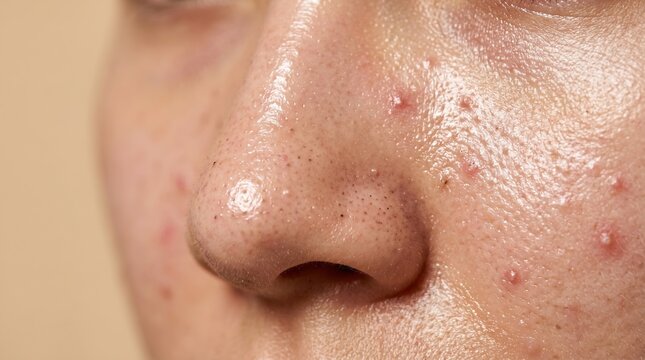 Close up of woman face with oily skin pores and blackheads on nose